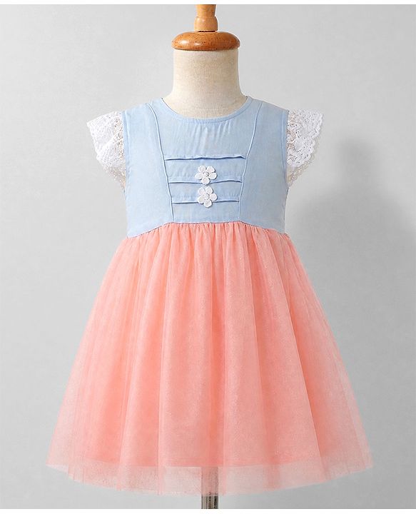 Babyhug Mesh Woven Cap Sleeves Frock With Floral Applique - Peach