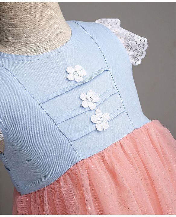 Babyhug Mesh Woven Cap Sleeves Frock With Floral Applique - Peach