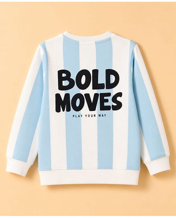 Pine Kids Knit Full Sleeves Striped & Text Printed Sweatshirt - White & Light Blue