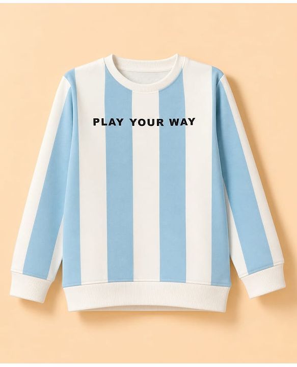 Pine Kids Knit Full Sleeves Striped & Text Printed Sweatshirt - White & Light Blue