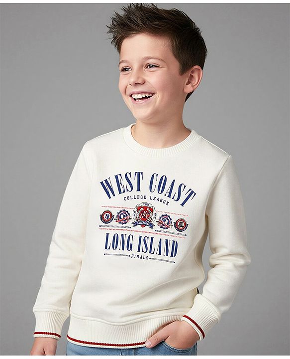 Pine Kids Cotton Mixes Knit Sweatshirt with Full Sleeves and West Coast College League Text Print - Off White