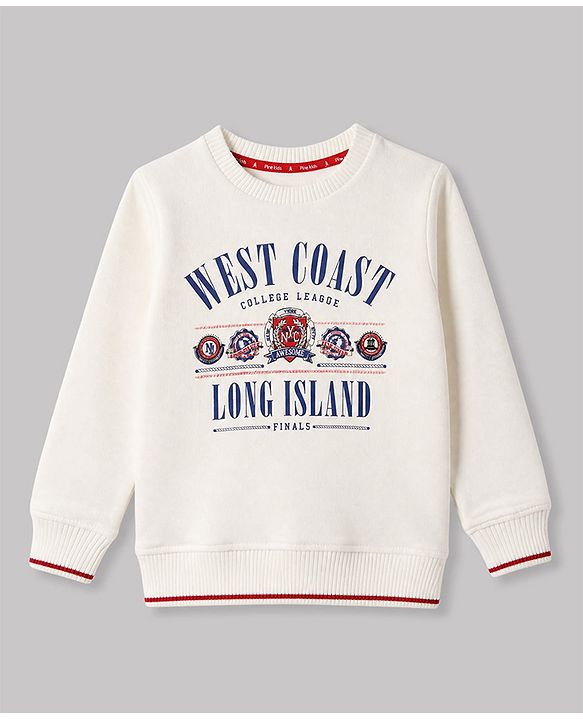Pine Kids Cotton Mixes Knit Sweatshirt with Full Sleeves and West Coast College League Text Print - Off White
