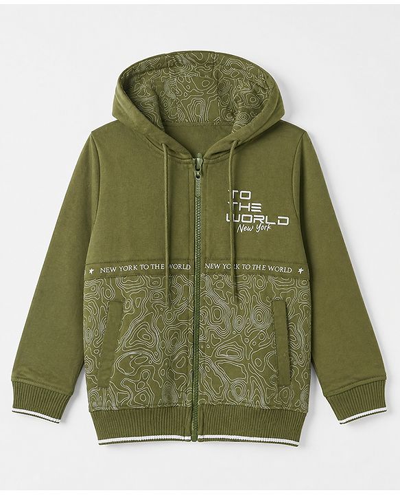 Pine Kids Cotton Mix Knit Full Sleeves Hooded Sweat Jacket with Text Print - Olive Green