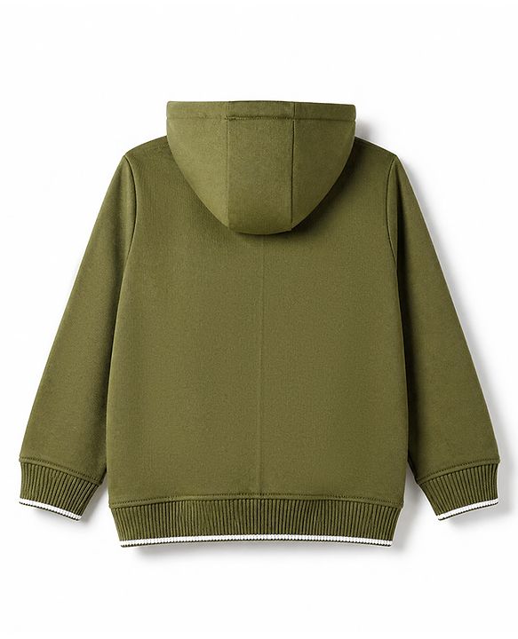 Pine Kids Cotton Mix Knit Full Sleeves Hooded Sweat Jacket with Text Print - Olive Green