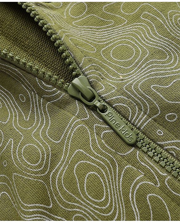 Pine Kids Cotton Mix Knit Full Sleeves Hooded Sweat Jacket with Text Print - Olive Green