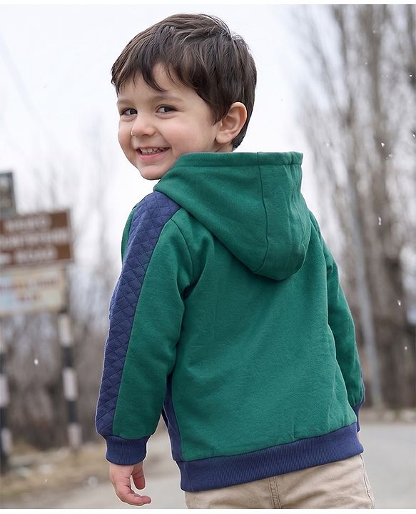 Babyhug Fleece Knit Heavy Gauge Full Sleeves Front Open Warm Hooded Sweatshirt With Text Print - Dark Green