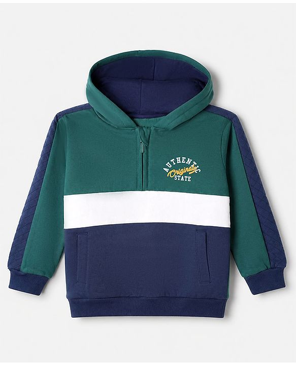 Babyhug Fleece Knit Heavy Gauge Full Sleeves Front Open Warm Hooded Sweatshirt With Text Print - Dark Green