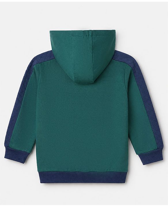 Babyhug Fleece Knit Heavy Gauge Full Sleeves Front Open Warm Hooded Sweatshirt With Text Print - Dark Green