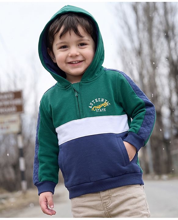 Babyhug Fleece Knit Heavy Gauge Full Sleeves Front Open Warm Hooded Sweatshirt With Text Print - Dark Green