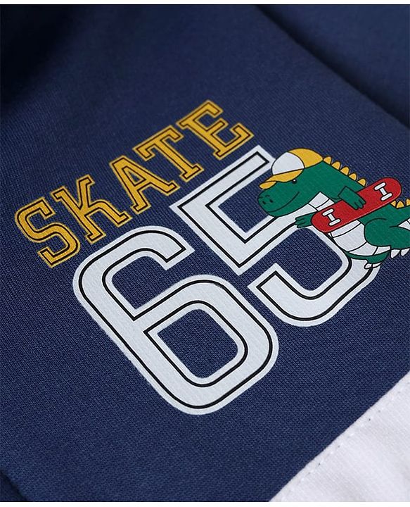 Babyhug Heavy Gauge Fleece Knit Full Sleeves Hooded Sweat Jacket With Text Print - Navy Blue