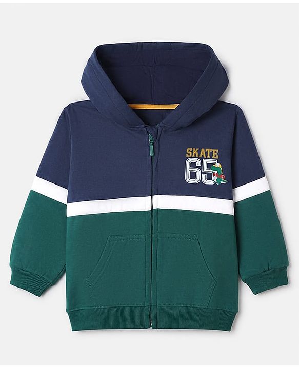 Babyhug Heavy Gauge Fleece Knit Full Sleeves Hooded Sweat Jacket With Text Print - Navy Blue