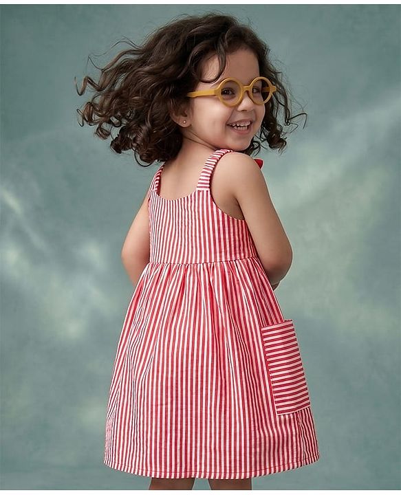 Babyhug Woven One Piece Dress and Purse with Sleeveless and Striped Print - Red
