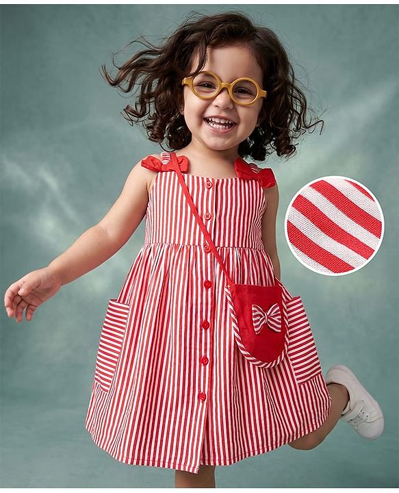 Babyhug Woven One Piece Dress and Purse with Sleeveless and Striped Print - Red
