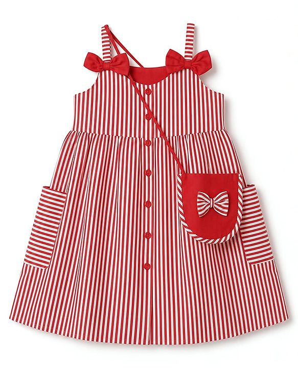Babyhug Woven One Piece Dress and Purse with Sleeveless and Striped Print - Red