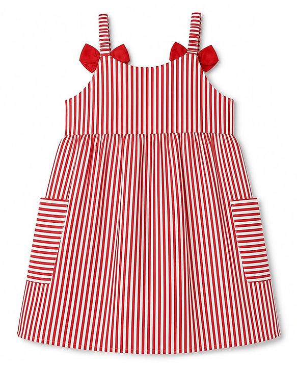 Babyhug Woven One Piece Dress and Purse with Sleeveless and Striped Print - Red