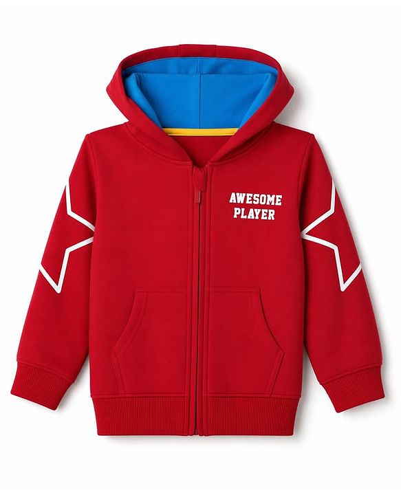 Babyhug Fleece Knit Full Sleeves Front Open Heavy Gauge Warm Sweatshirt With Awesome Player Print - Red