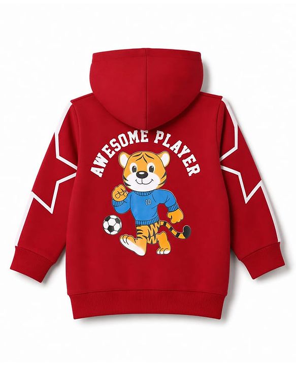 Babyhug Fleece Knit Full Sleeves Front Open Heavy Gauge Warm Sweatshirt With Awesome Player Print - Red