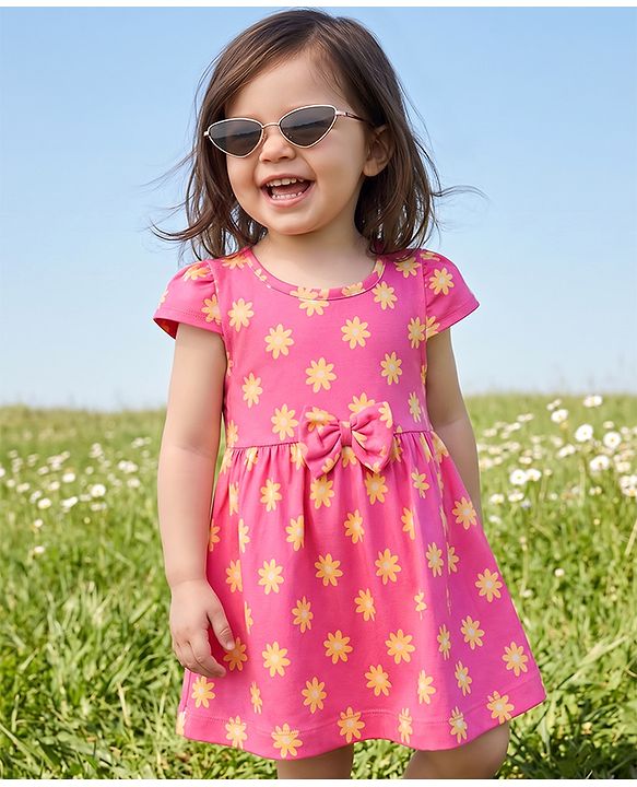 Babyhug Single Jersey Knit Frock with Half Sleeves, Flutter Sleeves and Floral Print in Pink
