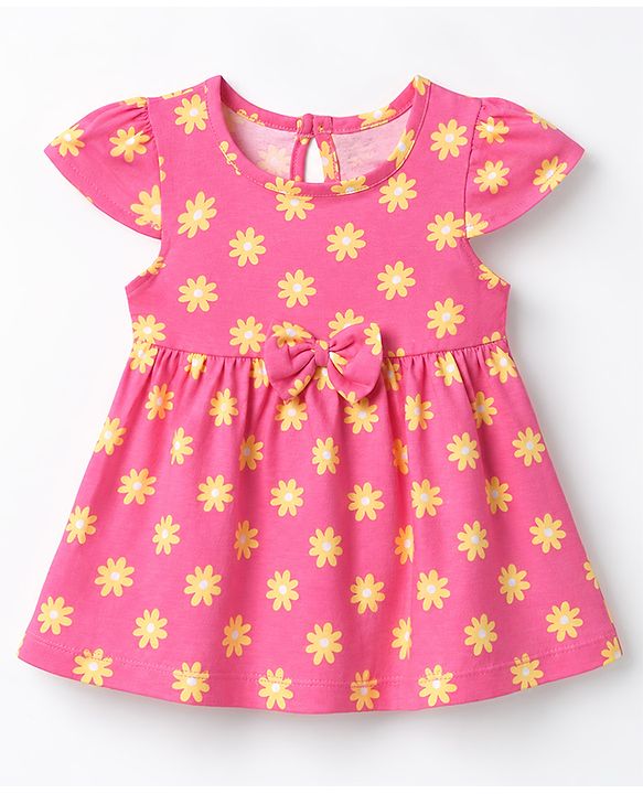 Babyhug Single Jersey Knit Frock with Half Sleeves, Flutter Sleeves and Floral Print in Pink