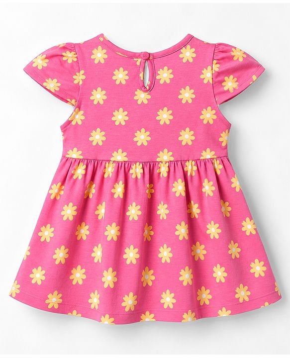Babyhug Single Jersey Knit Frock with Half Sleeves, Flutter Sleeves and Floral Print in Pink
