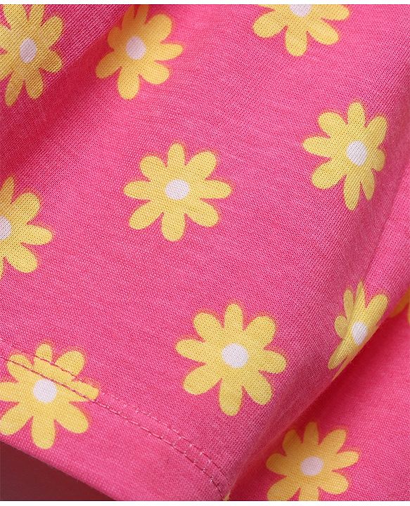 Babyhug Single Jersey Knit Frock with Half Sleeves, Flutter Sleeves and Floral Print in Pink