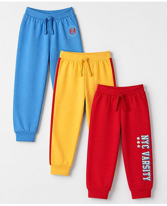 Babyhug Cotton Jersey Knit Full Length Lounge Pant with Drawstring and Nyc Varsity Text in Blue Yellow & Red Pack of 3