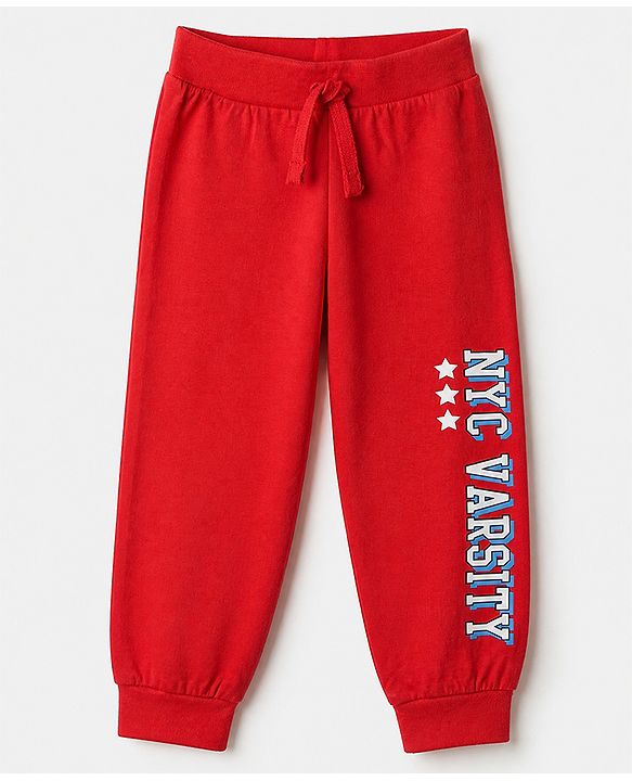 Babyhug Cotton Jersey Knit Full Length Lounge Pant with Drawstring and Nyc Varsity Text in Blue Yellow & Red Pack of 3