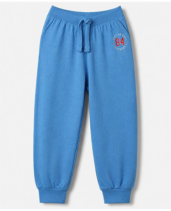 Babyhug Cotton Jersey Knit Full Length Lounge Pant with Drawstring and Nyc Varsity Text in Blue Yellow & Red Pack of 3