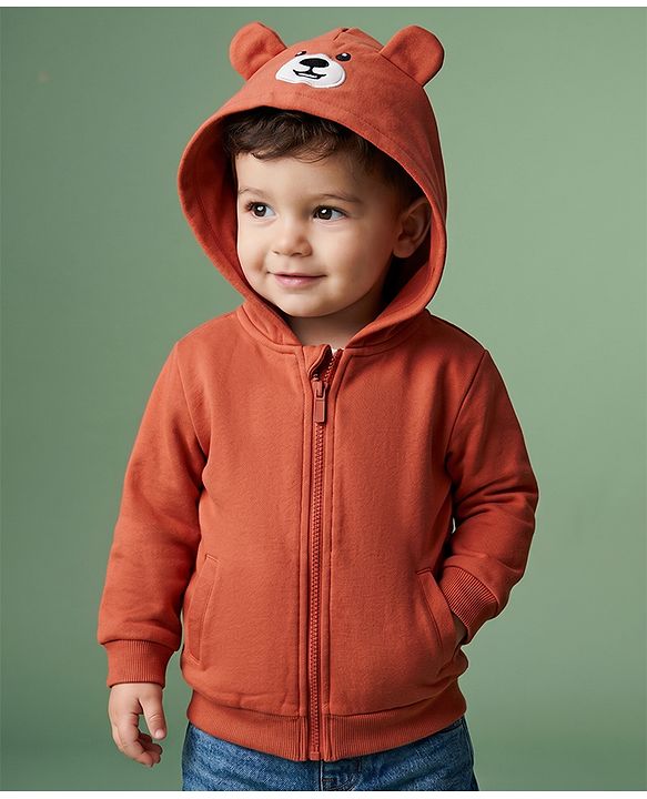 Babyhug Heavy Gauge Fleece Knit Front Open Full Sleeves Warm Hooded Sweat Jacket With Applique - Coral