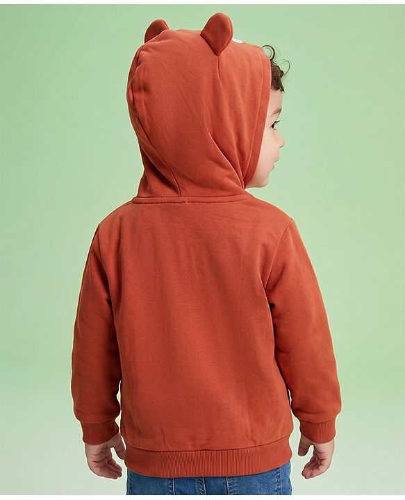 Babyhug Heavy Gauge Fleece Knit Front Open Full Sleeves Warm Hooded Sweat Jacket With Applique - Coral