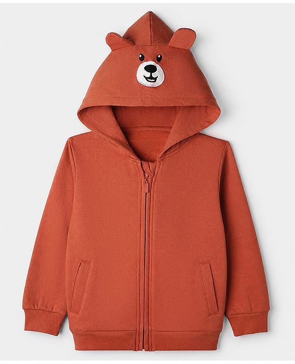 Babyhug Heavy Gauge Fleece Knit Front Open Full Sleeves Warm Hooded Sweat Jacket With Applique - Coral