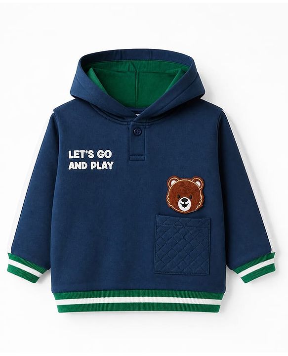 Babyhug Fleece Knit Front OPen Heavy Gauge Warm Full Sleeves Hooded Sweatshirt With Bear Patch & Text Print - Navy Blue