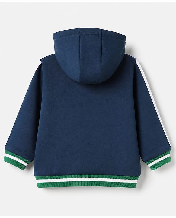 Babyhug Fleece Knit Front OPen Heavy Gauge Warm Full Sleeves Hooded Sweatshirt With Bear Patch & Text Print - Navy Blue