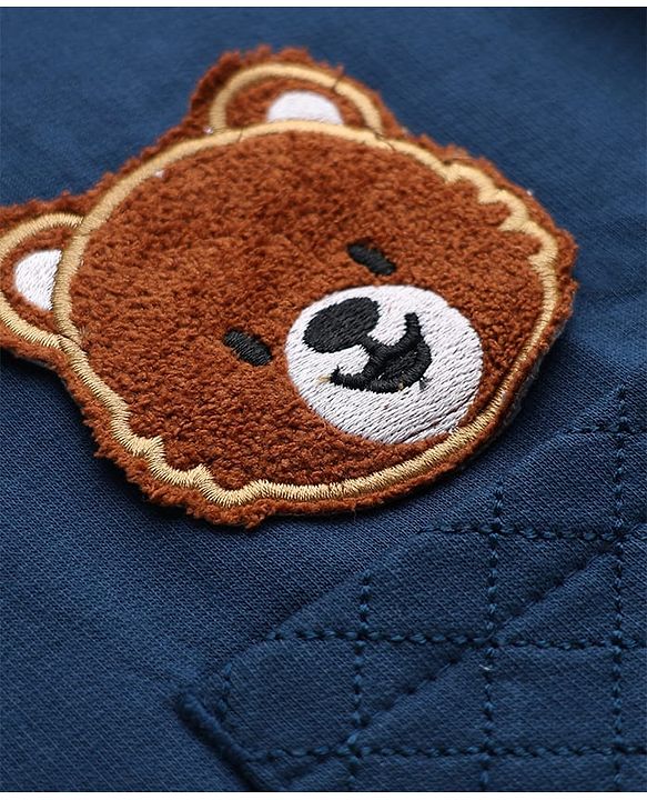 Babyhug Fleece Knit Front OPen Heavy Gauge Warm Full Sleeves Hooded Sweatshirt With Bear Patch & Text Print - Navy Blue