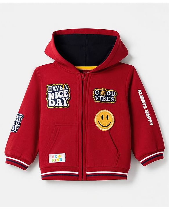 Babyhug Cotton Blend Fleece Knit Front Open Heavy Gauge Warm Full Sleeves Hooded Sweatshirt with Good Vibes & Have a Nice Day Patch and Smiley Face Patch - Red