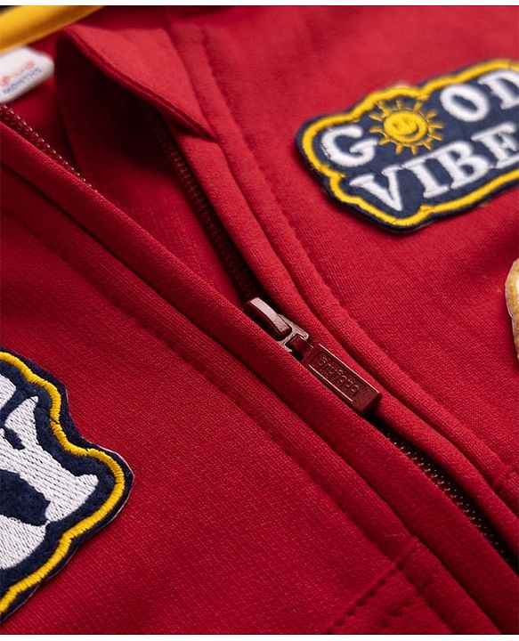 Babyhug Cotton Blend Fleece Knit Front Open Heavy Gauge Warm Full Sleeves Hooded Sweatshirt with Good Vibes & Have a Nice Day Patch and Smiley Face Patch - Red