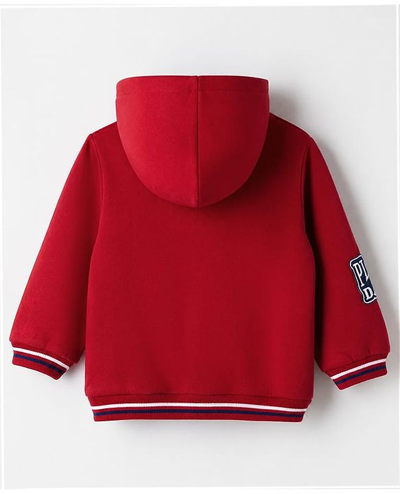 Babyhug Cotton Blend Fleece Knit Front Open Heavy Gauge Warm Full Sleeves Hooded Sweatshirt with Good Vibes & Have a Nice Day Patch and Smiley Face Patch - Red