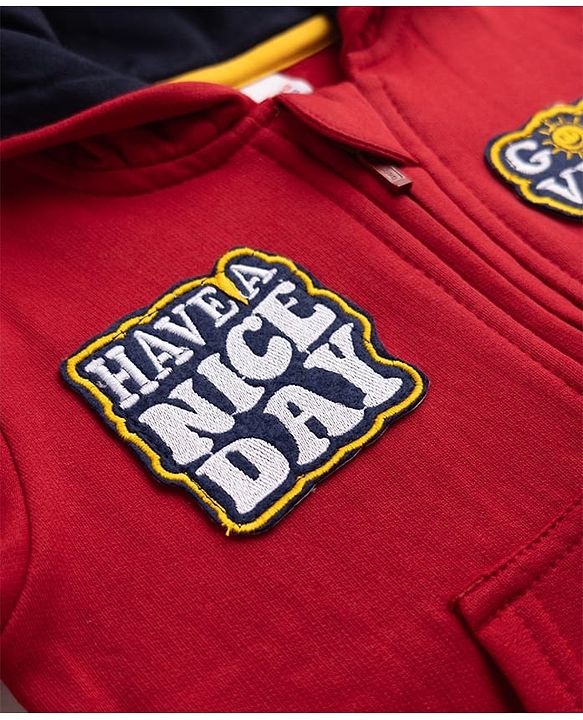 Babyhug Cotton Blend Fleece Knit Front Open Heavy Gauge Warm Full Sleeves Hooded Sweatshirt with Good Vibes & Have a Nice Day Patch and Smiley Face Patch - Red