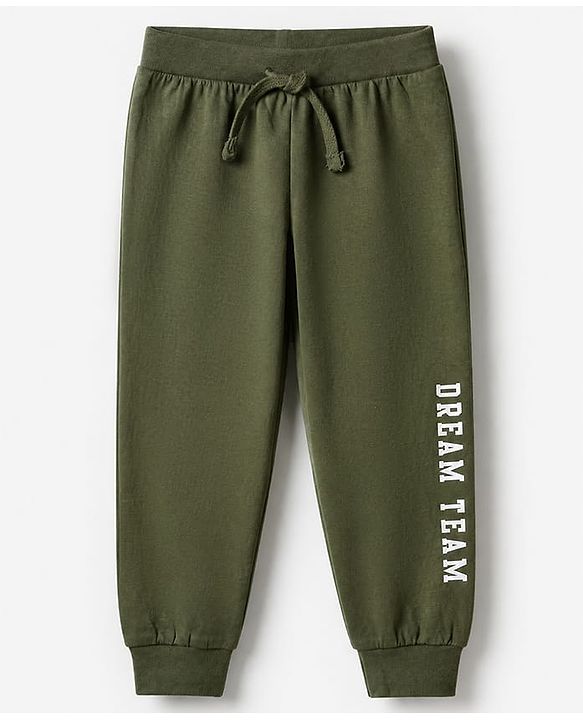 Babyhug Cotton Jersey Knit Full Length Lounge Pants With Text Print Pack Of 3 - Mustard Olive Green & Navy Blue