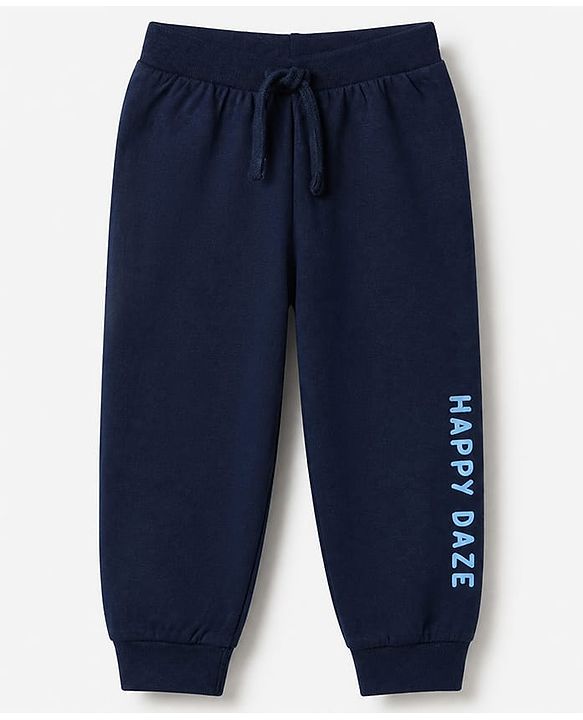 Babyhug Cotton Jersey Knit Full Length Lounge Pants With Text Print Pack Of 3 - Mustard Olive Green & Navy Blue