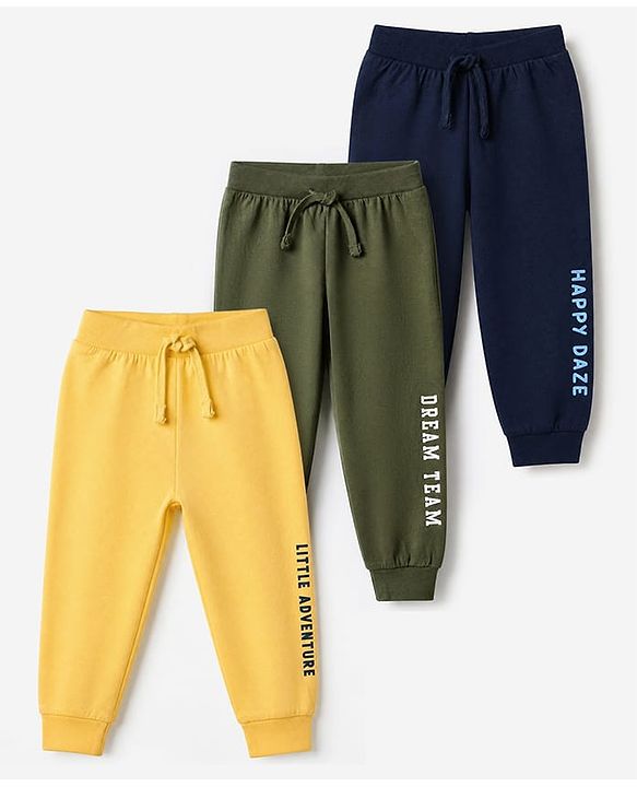 Babyhug Cotton Jersey Knit Full Length Lounge Pants With Text Print Pack Of 3 - Mustard Olive Green & Navy Blue