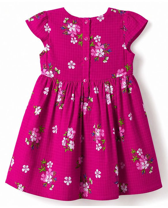 Babyhug 100% Cotton Woven Half Sleeves Frock with Floral Print & Applique - Pink