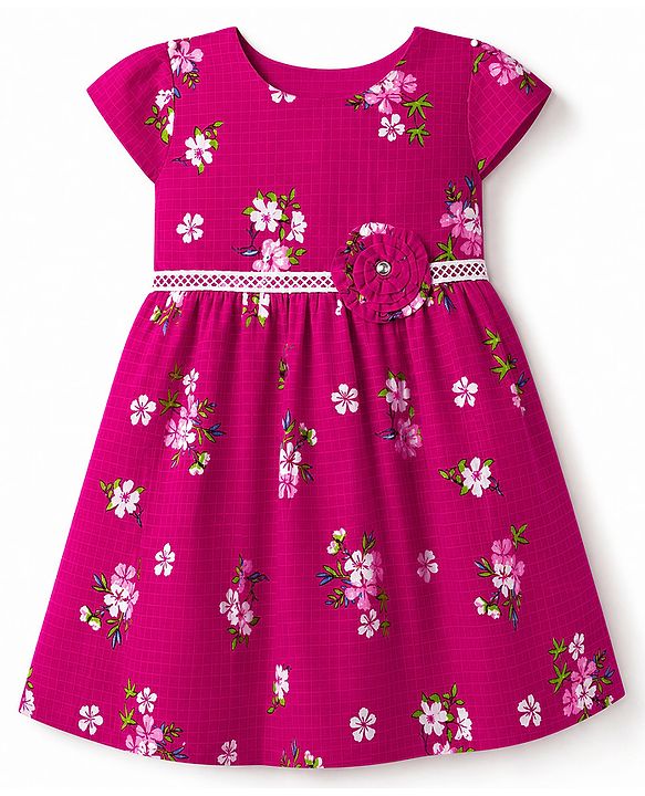 Babyhug 100% Cotton Woven Half Sleeves Frock with Floral Print & Applique - Pink