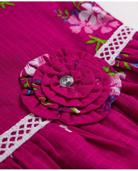 Babyhug 100% Cotton Woven Half Sleeves Frock with Floral Print & Applique - Pink