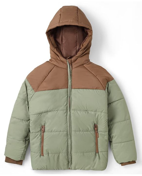 Pine Kids Woven Full Sleeves Hooded Padded Jacket - Olive Green