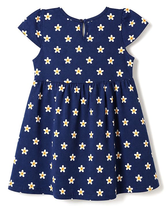 Babyhug Single Jersey Cotton Knit Frock with Half Sleeves and Floral Print - Blue