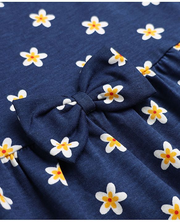 Babyhug Single Jersey Cotton Knit Frock with Half Sleeves and Floral Print - Blue