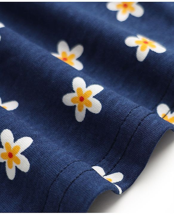 Babyhug Single Jersey Cotton Knit Frock with Half Sleeves and Floral Print - Blue