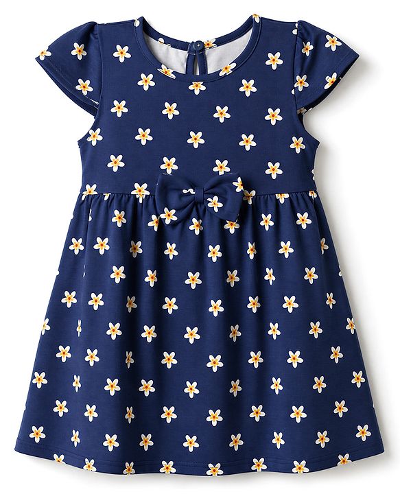 Babyhug Single Jersey Cotton Knit Frock with Half Sleeves and Floral Print - Blue