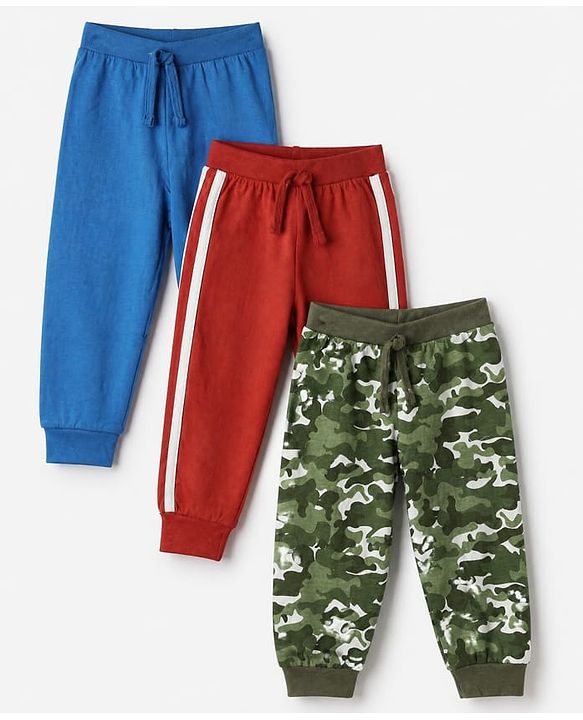 Babyhug Cotton Jersey Knit Full Length Track Pants with Camouflage Print Pack of 3 in Blue Green & Red